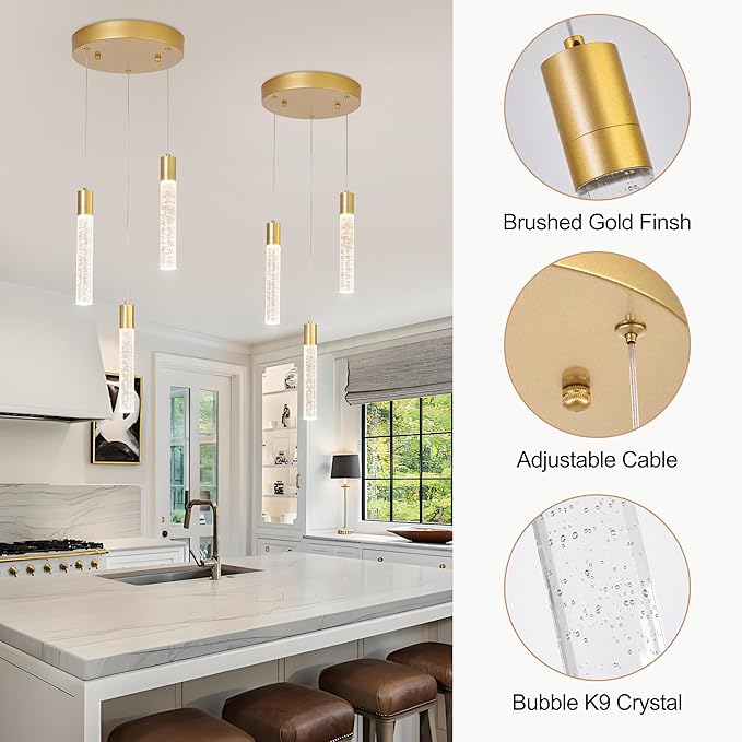3 Light Pendant Lights Kitchen Island,Modern LED Bubble Crystal Pendants with Dimmable 3000K-6000K Ceiling Hanging Light Fixture for Dining Room Bedroom,Gold Finish,Adjustable Height 59"