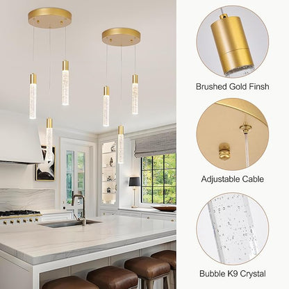 3 Light Pendant Lights Kitchen Island,Modern LED Bubble Crystal Pendants with Dimmable 3000K-6000K Ceiling Hanging Light Fixture for Dining Room Bedroom,Gold Finish,Adjustable Height 59"