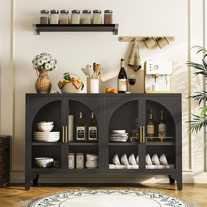 Foreate Arched Sideboard Buffet Cabinet with Storage & LED Light, 53.2" Large Buffet Cabinet with 4 Glass Door & Adjustable Shelf, Modern Farmhouse Sideboard Credenzas Metal Kitchen Buffets, Black