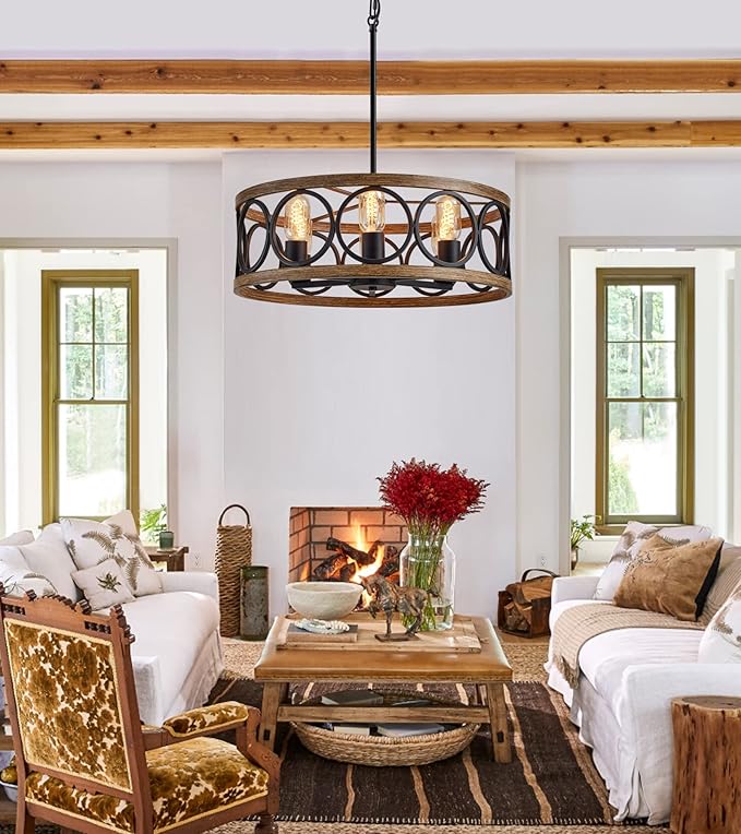 MEIXISUE Modern Farmhouse Drum Chandelier Black and Retro Wood Finish 6-Lights Round Metal Antique Vintage Chandelier Light Fixtures for Kitchen Dining Room Living Room Bedroom