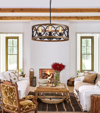 MEIXISUE Modern Farmhouse Drum Chandelier Black and Retro Wood Finish 6-Lights Round Metal Antique Vintage Chandelier Light Fixtures for Kitchen Dining Room Living Room Bedroom