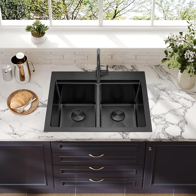 MILOSEN 28 Inch Black Double Bowl Kitchen Sink, Black Drop in 16 Gauge T304 Stainless Steel Sinks, Workstation Sink 50/50 Topmount Double Basin with Accessories, 10'' Large and Deep Kitchen Sinks