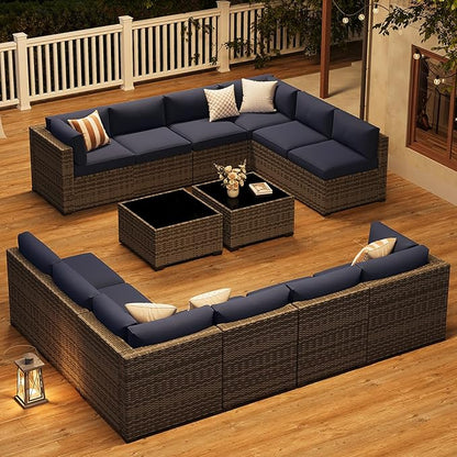 LazySunsets 14-Piece Patio Furniture Set, Wicker Rattan Outdoor Furniture with Thick Cushions, Patio Conversation Sets with Coffee Table, Outdoor Sectional Couch Sofa with Waterproof Cover, Blue