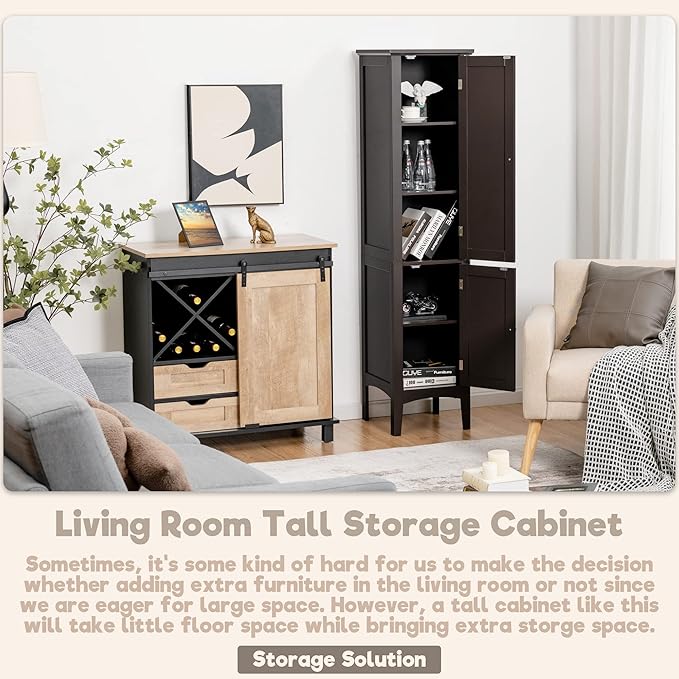 LOKO Tall Bathroom Floor Cabinet, Multifunctional Storage Cabinet with Doors, Narrow Slim Linen Tower for Bathroom, Living Room or Kitchen, 14.5 x 14.5 x 63 inches (Espresso)