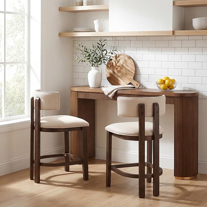 Christopher Knight Home Minso Bar Table and Chairs Set of 2, 3 Piece Bar Table Set with Upholstered Counter Stool, Rubberwood Counter Height Dining Set for 2, Walnut+Beige