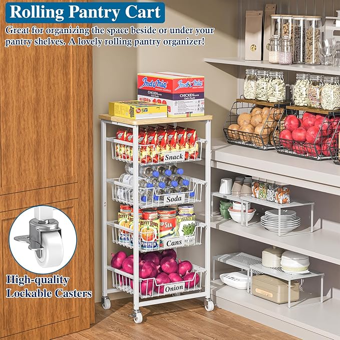 OKZEST 5-Tier Small Kitchen Storage Cart on Wheels with Pull-Out Drawers, Rolling Pantry and Snack Organizer Cart with Wood Top, Kitchen Floor Fruit Basket Stand for Fruit Potato Onion Veggie Snack