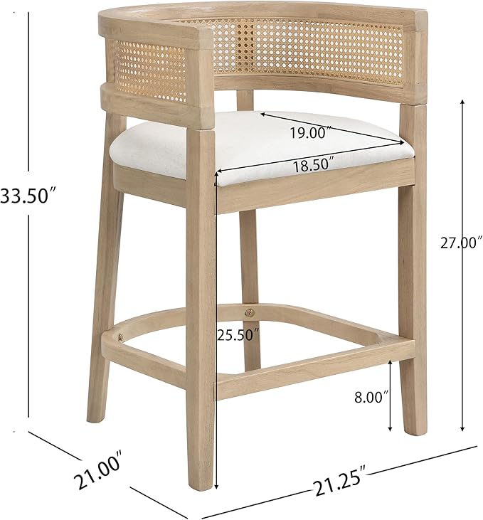 Set of 2 Upholstered Arm Counter Stools with Solid Rubberwood Frame & Natural Rattan Caned Back,Soft Padded Seating,Transitional Farmhouse Chairs for Kitchen Island Dining Room,25.5" H Natural Ash