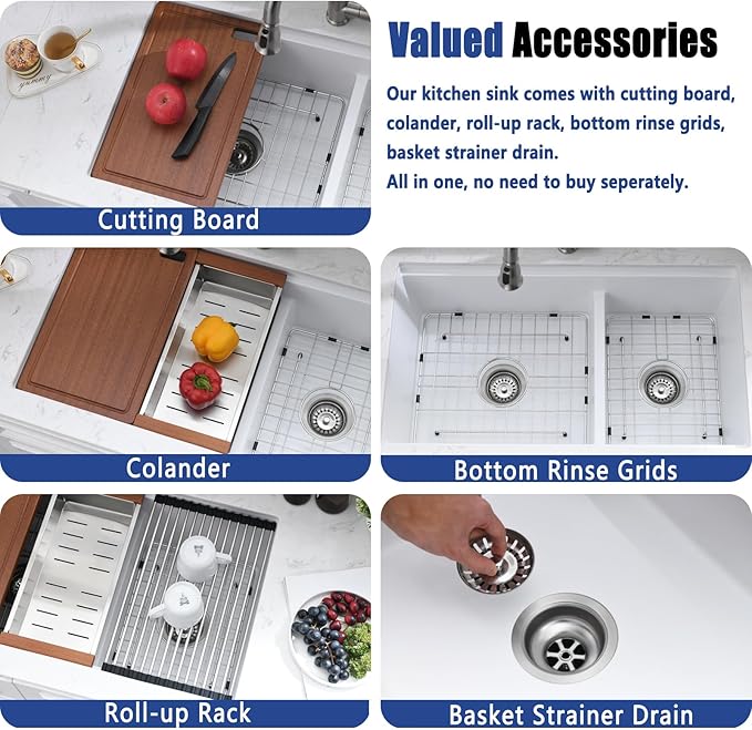 33x19 White Double Bowl Kitchen Sink Undermount - 33 Inch White Undermount Granite Kitchen Sink, Double Bowl Granite Sink Workstation with Accessories