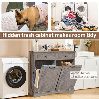 Double Tilt Out Trash Cabinet Freestanding Wooden Garbage Can Cabinet with Hideaway Drawers, 2x13 Gallons Pet Proof Garbage Can Holder for Kitchen Living Room, Grey