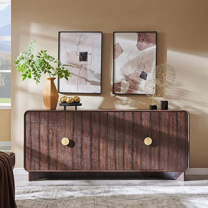 IFGET Modern Buffet Cabinet with Storage, 70" Large Sideboard Buffet Storage Cabinet with 4 Doors and Adjustable Shleves, Wooden Curved Coffee Bar for Dining Room, Kitchen, Living Room, Brown