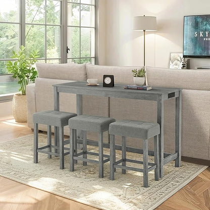 LKTART Kitchen Bar Table and Chairs Set, 4 Piece Bar Height Dining Table Set with Power Outlet and 3 Upholstered Stools Industrial Breakfast Nook, Small Space Living Room, Gray