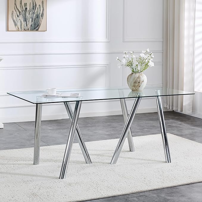 71" Glass Silver Dining Table for 4 6, Modern Kitchen Dining Room Table with 0.39" Thick Tempered Glass Tabletop and Metal Legs, Large Rectangle Dinner Tables for Home Kitchen Living Room