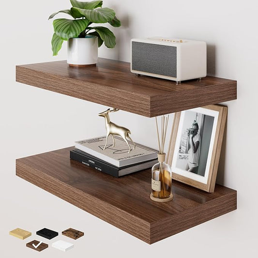 RICHFOCUS Deep Floating Shelves for Wall 2 Pack 12" D 24 Inch Wall Shelves for Room Wall|Wood Hanging Shelf with Invisible Brackets for Bathroom Bedroom Kitchen Laundry Room, Walnut