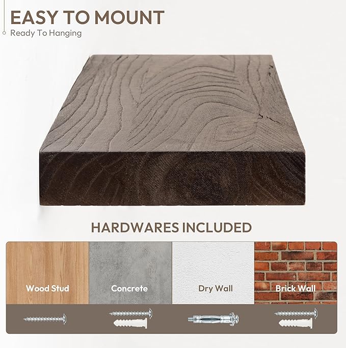 Marsmiles 48 inch Floating Shelves for Wall Solid Elm Wood Wall Mounted Shelves|Rustic Long Floating Shelves with Invisible Bracket for Bathroom Living Room Kitchen|Walnut, 1 Pack