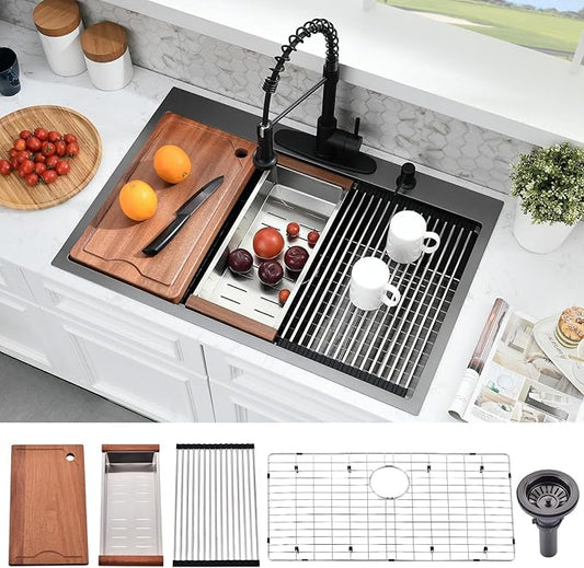 36×22 Black Drop In Kitchen Sink Workstation – 16 Gauge Black Stainless Steel Kitchen Sink, Large Top Mount Single Bowl Commercial Sinks with Accessories