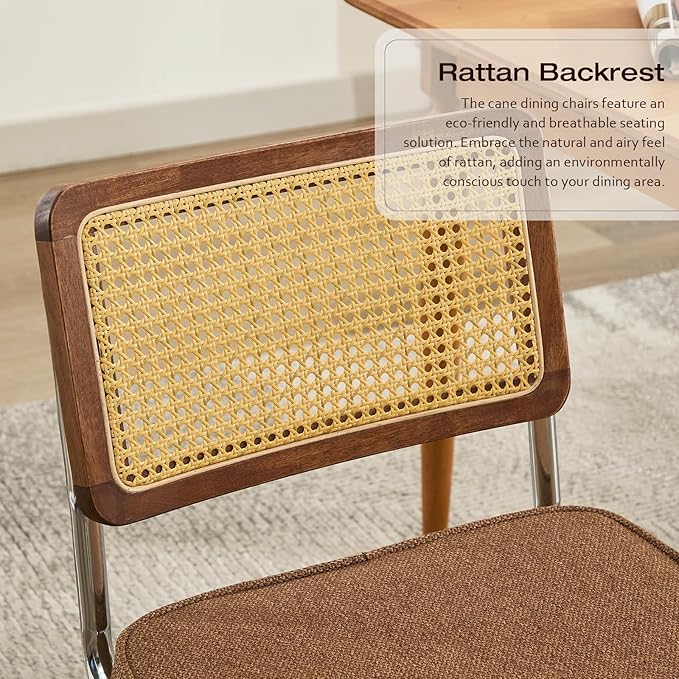 Rattan Back Linen Dining Chair Set of 4 Modern Breuer Designed Stainless Chrome Base Armless Upholstered Dining Chair for Dining Room, Kitchen Island(Coffee)