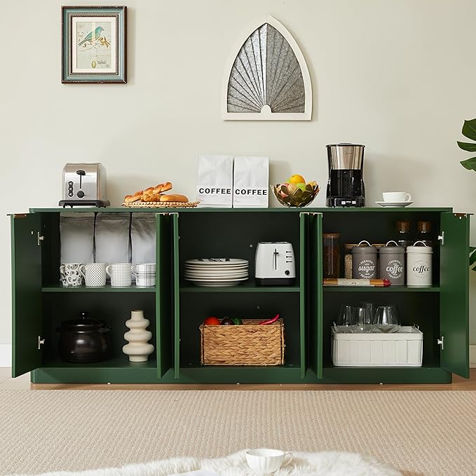Ball & Cast 67" Modern Fluted Sideboard Buffet Cabinet with Storage,Curved Design Kitchen Coffee Bar Cabinet with 6 Doors & Shelves,Wood Credenza Cabinets Media Console for Living Room,Green