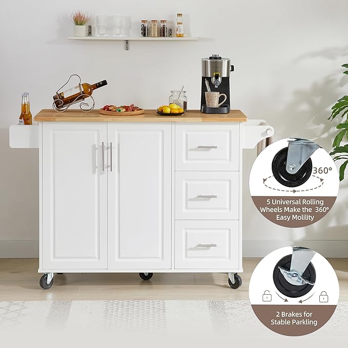 Modern Dining Table Expandable Kitchen Island with Drop Countertop Cabinet Tower Rack Rolling Cart Wheels Wood Console,White