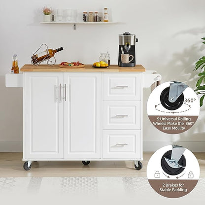 Modern Dining Table Expandable Kitchen Island Cart with Drop Countertop Cabinet Tower Rack Wheels Wood Console Luxury Decor,White