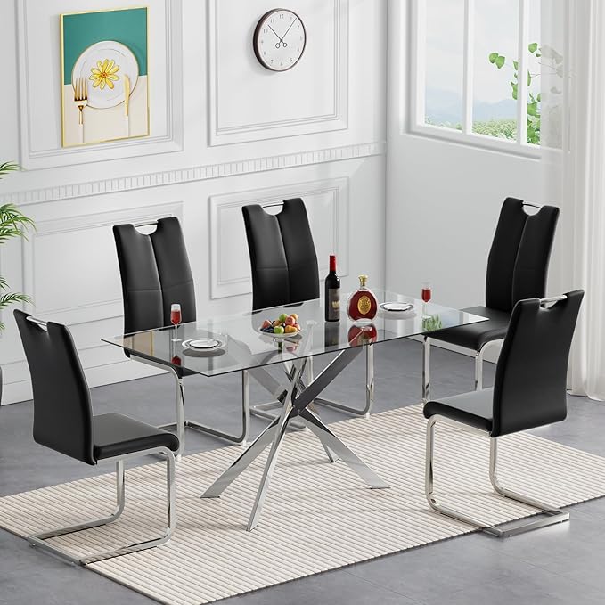 Henf 51.2'' Glass Dining Table for 4-6 People, Rectangle Kitchen Table with Silver Metal Legs, Tempered Glass Top Dining Room Table for 4, Dining Table for Dining Room Home Kitchen