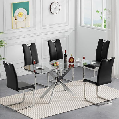Henf 51.2'' Glass Dining Table for 4-6 People, Rectangle Kitchen Table with Silver Metal Legs, Tempered Glass Top Dining Room Table for 4, Dining Table for Dining Room Home Kitchen