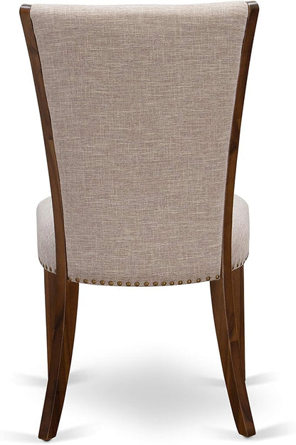 East West Furniture VEP8T04 Verona Parsons Dining Chairs - Nailhead Trim Light Tan Linen Fabric Upholstered Chairs, Set of 2, Walnut
