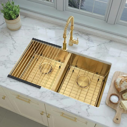 LQS Gold Kitchen Sink, 32 Inch Kitchen Sink Gold Double Bowl, Undermount Kitchen Sink 16 Gauge Stainless Steel with Golden Accessories, Modern Style