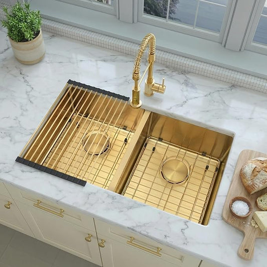 LQS Gold Kitchen Sink, 32 Inch Kitchen Sink Gold Double Bowl, Undermount Kitchen Sink 16 Gauge Stainless Steel with Golden Accessories, Modern Style