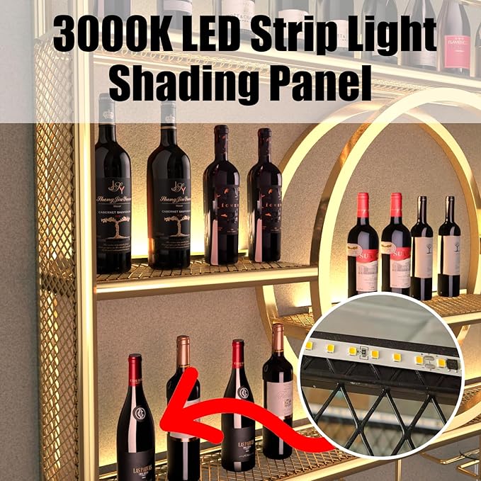 Metal Wine Rack Wall Mounted with LED Light, 3-Tier Bar Liquor Shelf with Wine Glass Holder, Modern Large Capacity Liquor Bottle Display Storage Shelf for Home Bar, Dining Room(Gold, 100 * 80 * 15)