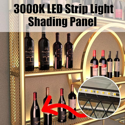 Metal Wine Rack Wall Mounted with LED Light, 3-Tier Bar Liquor Shelf with Wine Glass Holder, Modern Large Capacity Liquor Bottle Display Storage Shelf for Home Bar, Dining Room(Gold, 120 * 80 * 15)