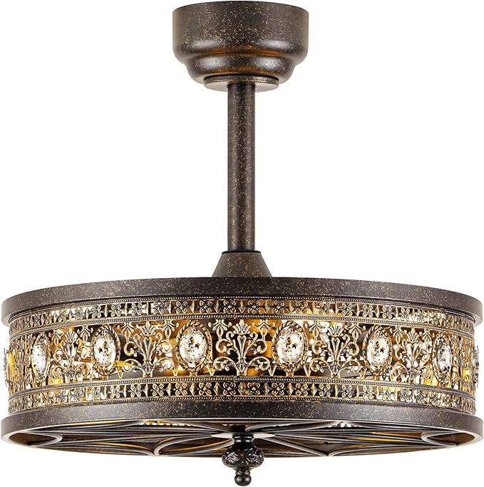 Chandelier Ceiling Fan with Light,Antique Bronze Caged Bladeless Enclosed Fandelier,Vintage Ornate Elegant Crystal Light Fixture,Hanging/Flush Mount for Bedroom,Kitchen Island,Dining Room,Living Room