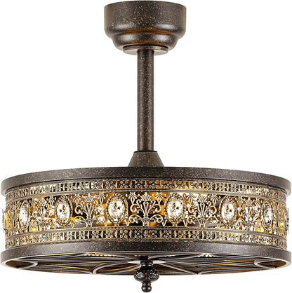 Chandelier Ceiling Fan with Light,Antique Bronze Caged Bladeless Enclosed Fandelier,Vintage Ornate Elegant Crystal Light Fixture,Hanging/Flush Mount for Bedroom,Kitchen Island,Dining Room,Living Room