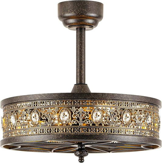 Chandelier Ceiling Fan with Light,Antique Bronze Caged Bladeless Enclosed Fandelier,Vintage Ornate Elegant Crystal Light Fixture,Hanging/Flush Mount for Bedroom,Kitchen Island,Dining Room,Living Room