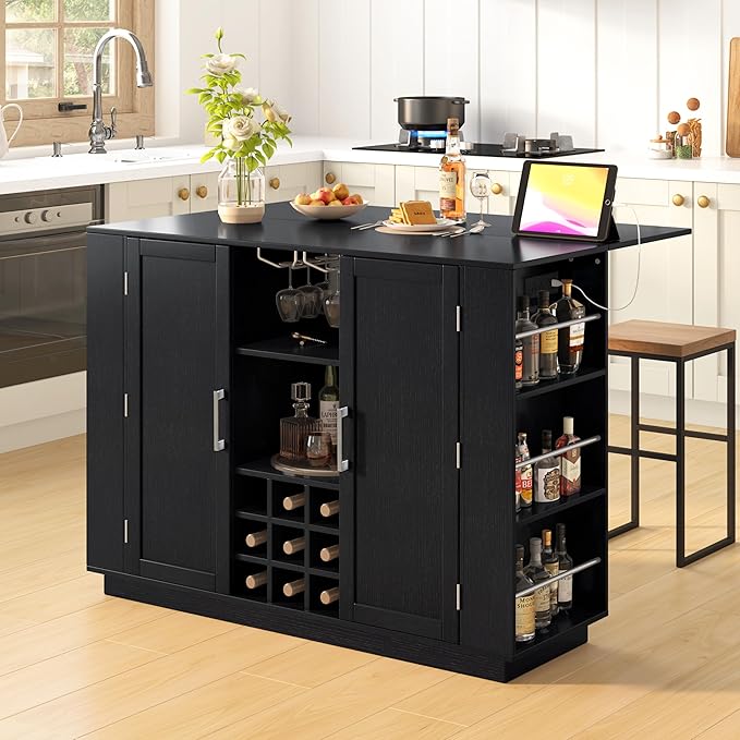 47.2" Kitchen Island with Drop Leaf & Power Outlet, Wine Bar with Bottle Rack & Glass Holder, 2-Door Buffet Sideboard with Side Shelves for Dining Room (Black-85R)