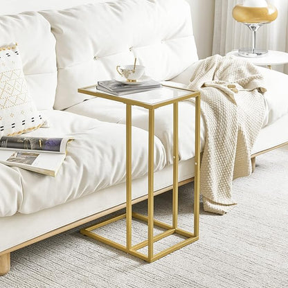 YMYNY C-Shaped End Table, Tempered Glass Sofa Side Table, TV Tray CouchTable That Slide Under for Small Space, Coffee Table for Hallway Office Bedroom Living Room, Metal Frame, Gold, UHGD001G