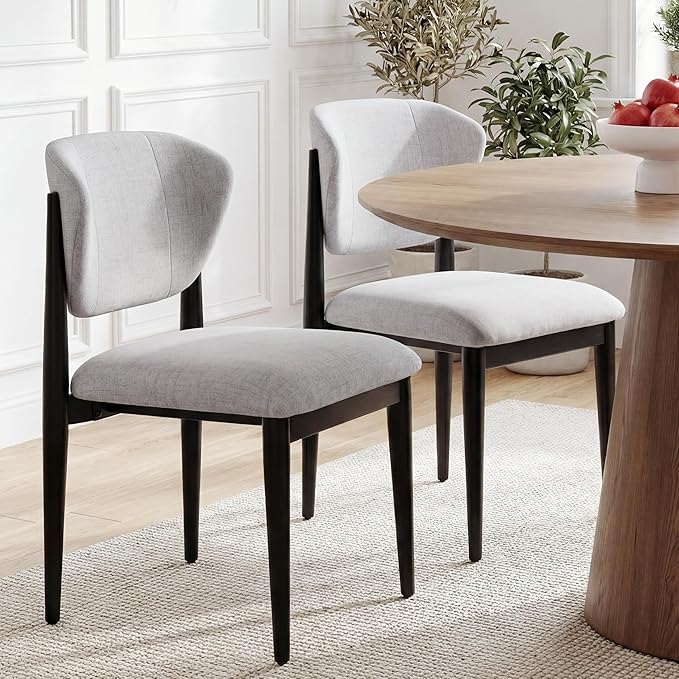 Casaphoria Dining Chairs Set of 2, Solid Black Wood Legs Upholstered Kitchen Chairs, Mid Century Modern Ergonomic Curved Back Accent Chair for Dining Room, Home Office and Vanity, Gray