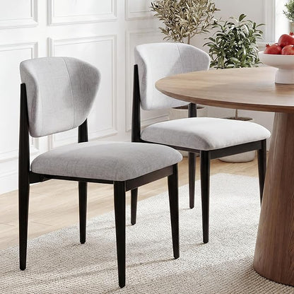 Casaphoria Dining Chairs Set of 2, Solid Black Wood Legs Upholstered Kitchen Chairs, Mid Century Modern Ergonomic Curved Back Accent Chair for Dining Room, Home Office and Vanity, Gray