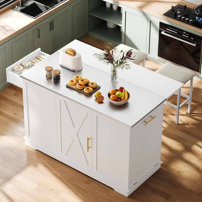 YITAHOME Kitchen Islands with Seating, 47" Mobile Storage Island with Trash Can, Rolling Kitchen Island Cart with Drop Leaf & Stainless Steel Countertop, Bar Table with 2 Stools, Spice Rack, White