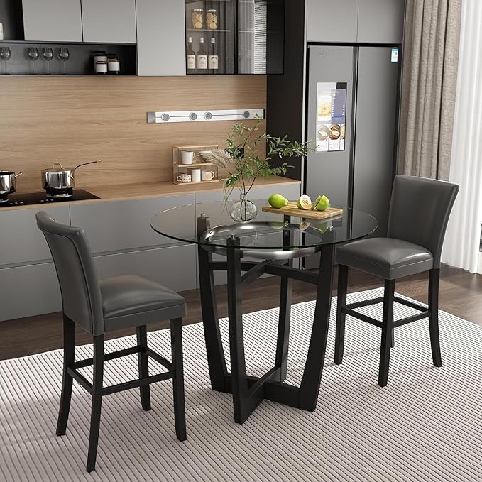 42" Round High Top Glass Dining Table, 42" Bar Height, Solid Wood Base & 1/2" Tempered Glass - Modern Kitchen & Dining Room Furniture