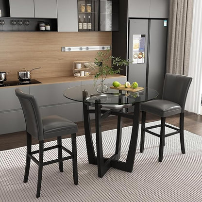 42" Round High Top Glass Dining Table, 42" Bar Height, Solid Wood Base & 1/2" Tempered Glass - Modern Kitchen & Dining Room Furniture