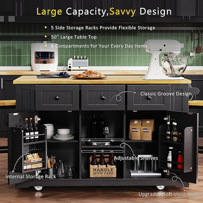 YOPTO 53" Large Kitchen Island with 2 Bar Stools,Power Outlet & Door Internal Storage Rack,Kitchen Storage Cart on 5 Wheels W/Drop Leaf,5 Open Side Racks & 3 Drawers,for Kitchen,Dining Room,Black