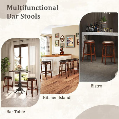 Giantex Swivel Bar Stools Set of 2, 29" Bar Height Bar Stools w/Faux Leather Padded Seat, Footrests, Solid Wooden Frame, Farmhouse Backless Barstools for Kitchen Island, Pub, Dining Room, Cafe