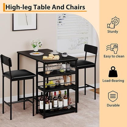 GAOMON Dining Table Set for 2, Counter Height Kitchen Table and Chairs, Tall Bar Table Set with 2 Upholstered Bar Stools, 3 Piece Dining Room Table Set for Small Space, Apartment, Black