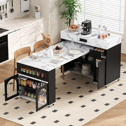 Extendable Dining Table with Rolling Kitchen Island, 54.1" Folding Top, Storage Cabinet, Drawers, Power Outlet, USB Ports, Brake Lock Wheels, 4-5 People, 110 LBS Capacity, Black