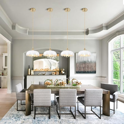 Mid Century Modern Pendant Light Nordic White Chandelier with Hand Blown Flower Glass Shade Brass Adjustable Height Dining Table Pendant Lamp with Switch for Kitchen Island Dining Room Hotel