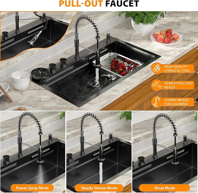 Mocoloo 33 Inch Black Honeycomb Waterfall Kitchen Sink Drop in, 33x19 Inch Stainless Steel Workstation Sink 16 Gauge Topmount Single Bowl Sink with Complete Kit