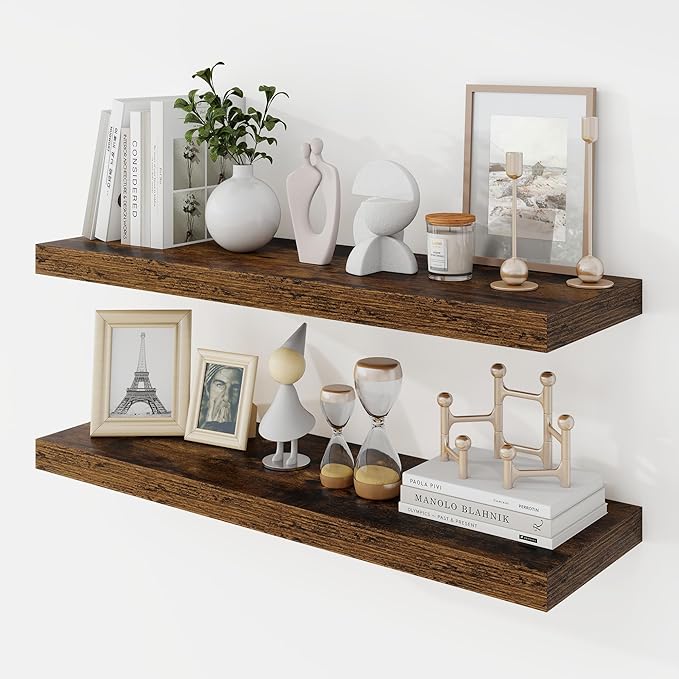 Acovy 30 Inch Floating Shelves, 9.3" Deep Floating Shelf Wall Mounted, 30" Wall Shelves, Rustic Deep Bookshelf, Large Display Shelves & Storage Shelves for Bedroom, Living Room, Brown, Set of 2
