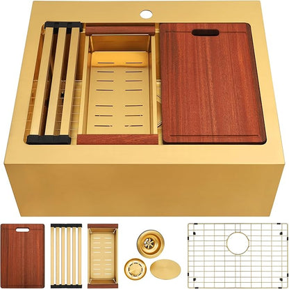 28 Inch Farmhouse Gold Sink, 16 Gauge 304 Stainless Steel Farm Sinks, Drop In Topmount Single Bowl Workstation Sink with all Accessories, 28" x 22" x 10" Deep Kitchen Sink