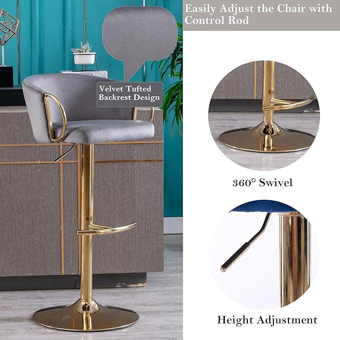 Rhomtree 24-32 Inch Swivel Bar Stools, Adjustable Counter Height Barstools with Gold Stable Metal Frame Footrest, Upholstered Bar Chairs for Home Bar Kitchen Island(Gray Set of 6)