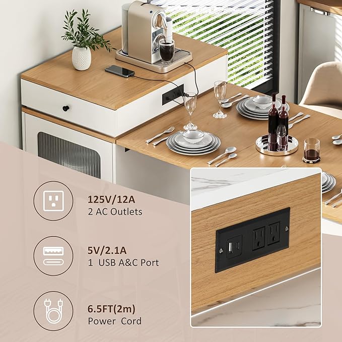 59.5" Kitchen Island with Extendable Dining Table, Double-Sided Storage, 2 Drawers, and Built-in Power Outlet, Black (White)